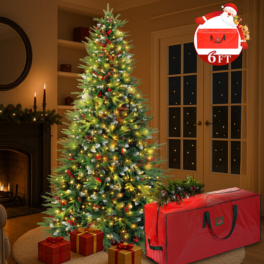 Yexmas 6ft Pre-Lit Artificial Christmas Trees,Green Xmas Tree with Large Christmas Tree Storage Bag,Pinecones, Berries, Realistic Artificial Christmas Trees for Home, Office, Party Decoration