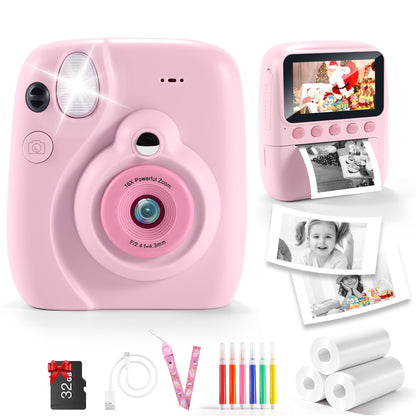 Yexmas Instant Print Toys Camera for Kids, 1080P HD Camera with 32GB SD Card, 3 Paper Rolls, Color Pens & Lanyard, Pink