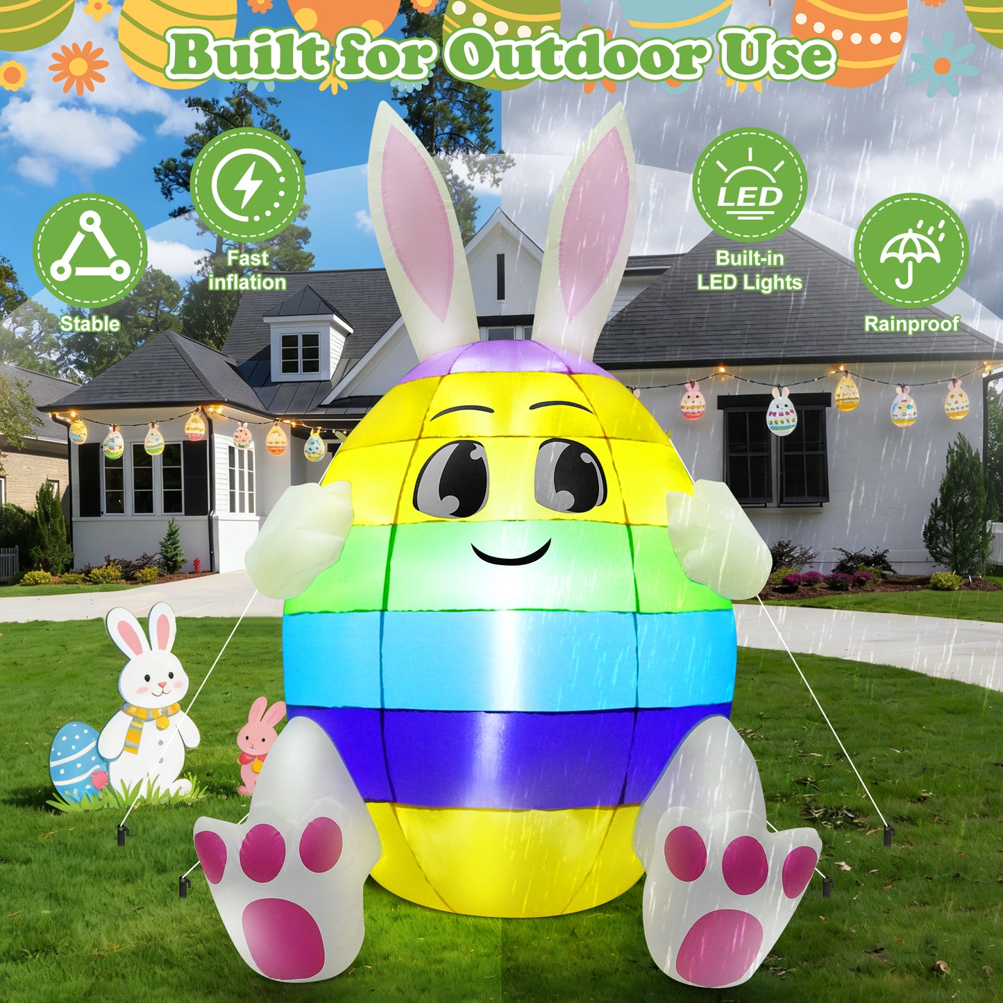 Yexmas 5ft Easter Inflatables, Blow Up Yard Decoration Built in LED Lights Bunny Egg Decorations for Outdoor Home Lawn Garden Holiday Party
