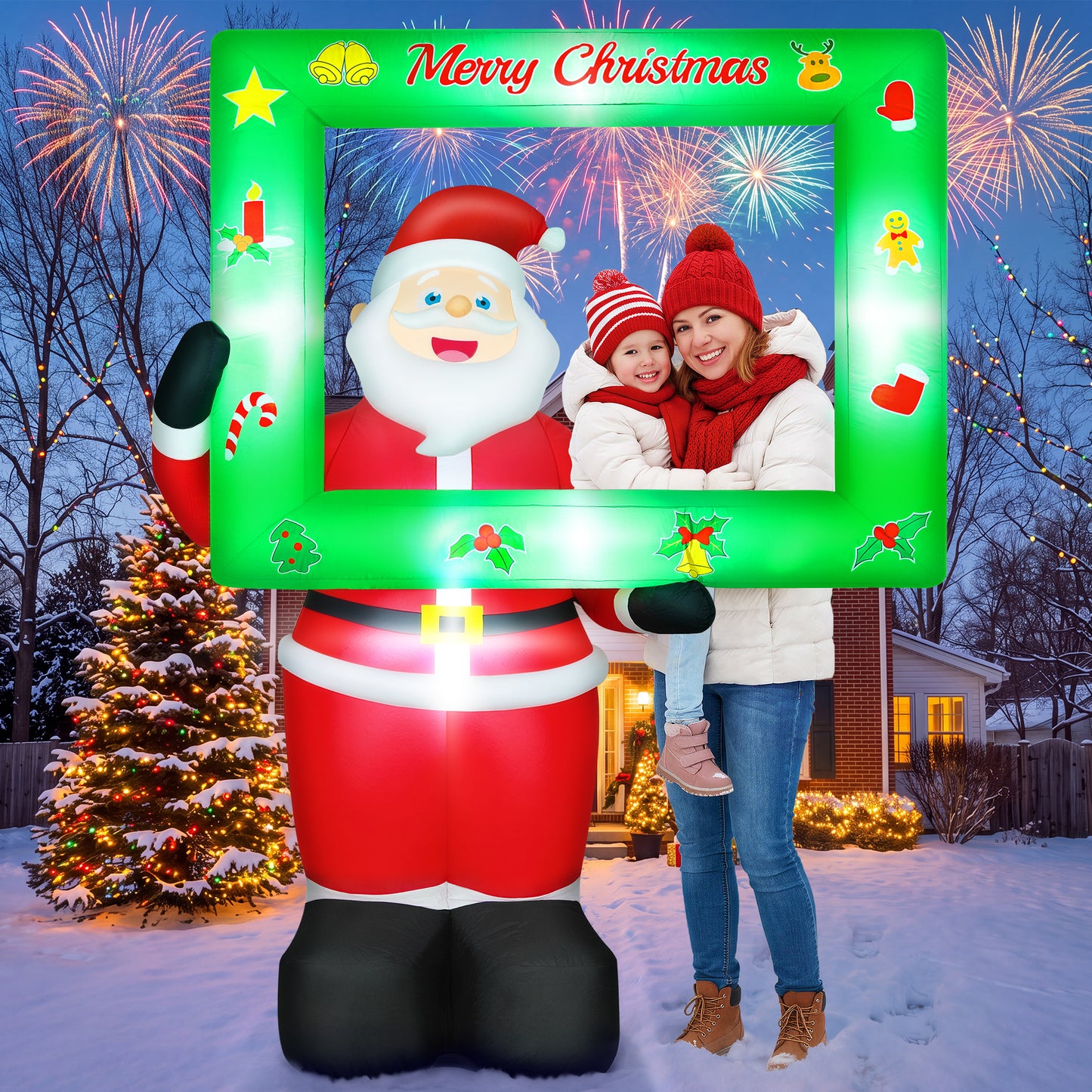 Yexmas 7FT Christmas Inflatable Santa Claus with Photo Frame, Blow Up Santa Claus Xmas Decorations for Outdoor Indoor, Built-in LED Light for Yard Gardern Lawn