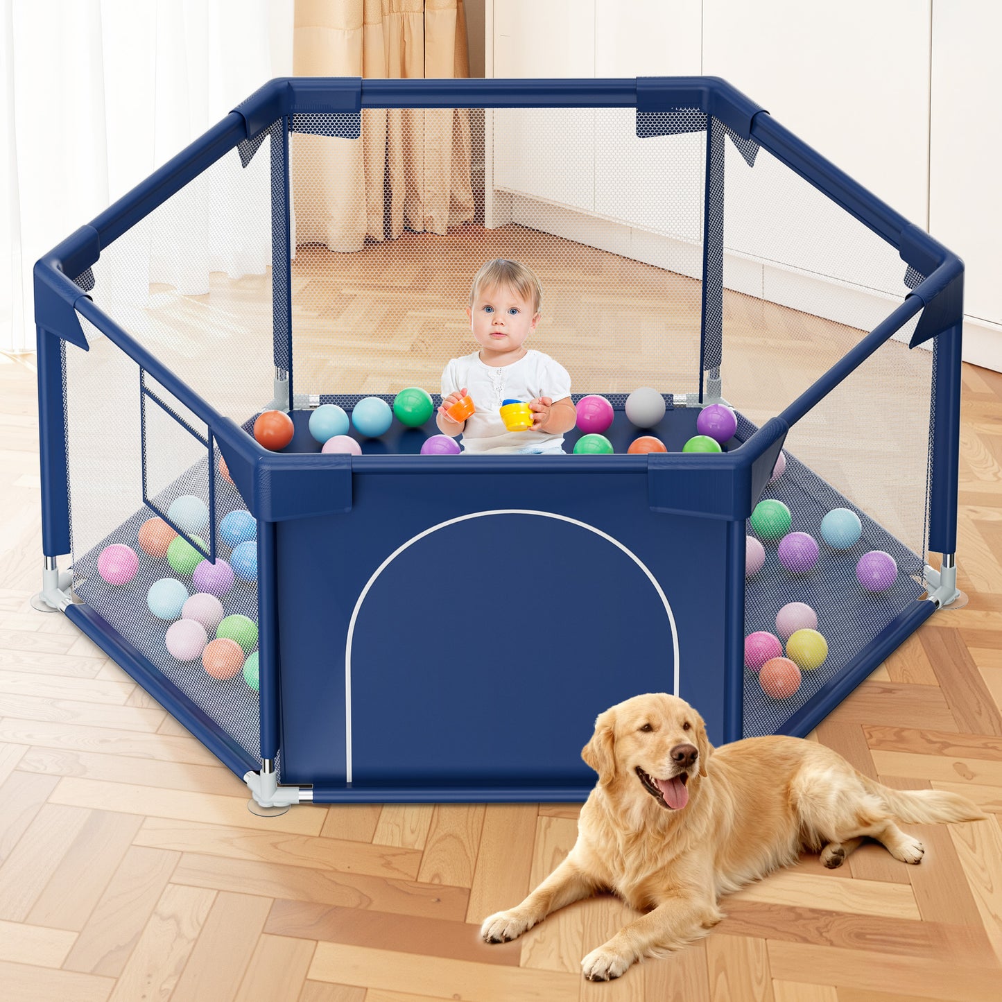 babyeap 50 Inch Baby Playpen,Fence Baby Play Yard for Indoors Outdoors,Hexagonal Toddler Playpen,Black
