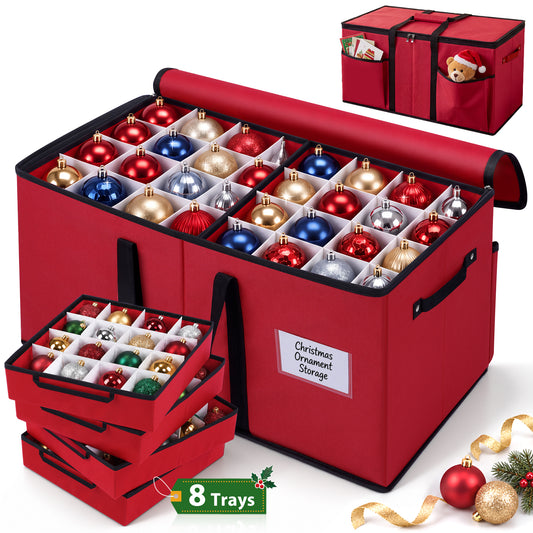 Yexmas Large Christmas Ornament Storage Box,Holiday Decoration Ornament Storage with Reinforced Handles & Extra Pockets,Red