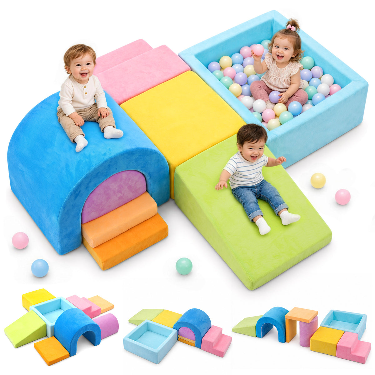 Yexmas 8-Piece Toddlers Climbing Toys, Soft Foam Climbing Blocks with Ball Pit, Indoor Climb and Crawl Activity Play Gym Set for Toddlers