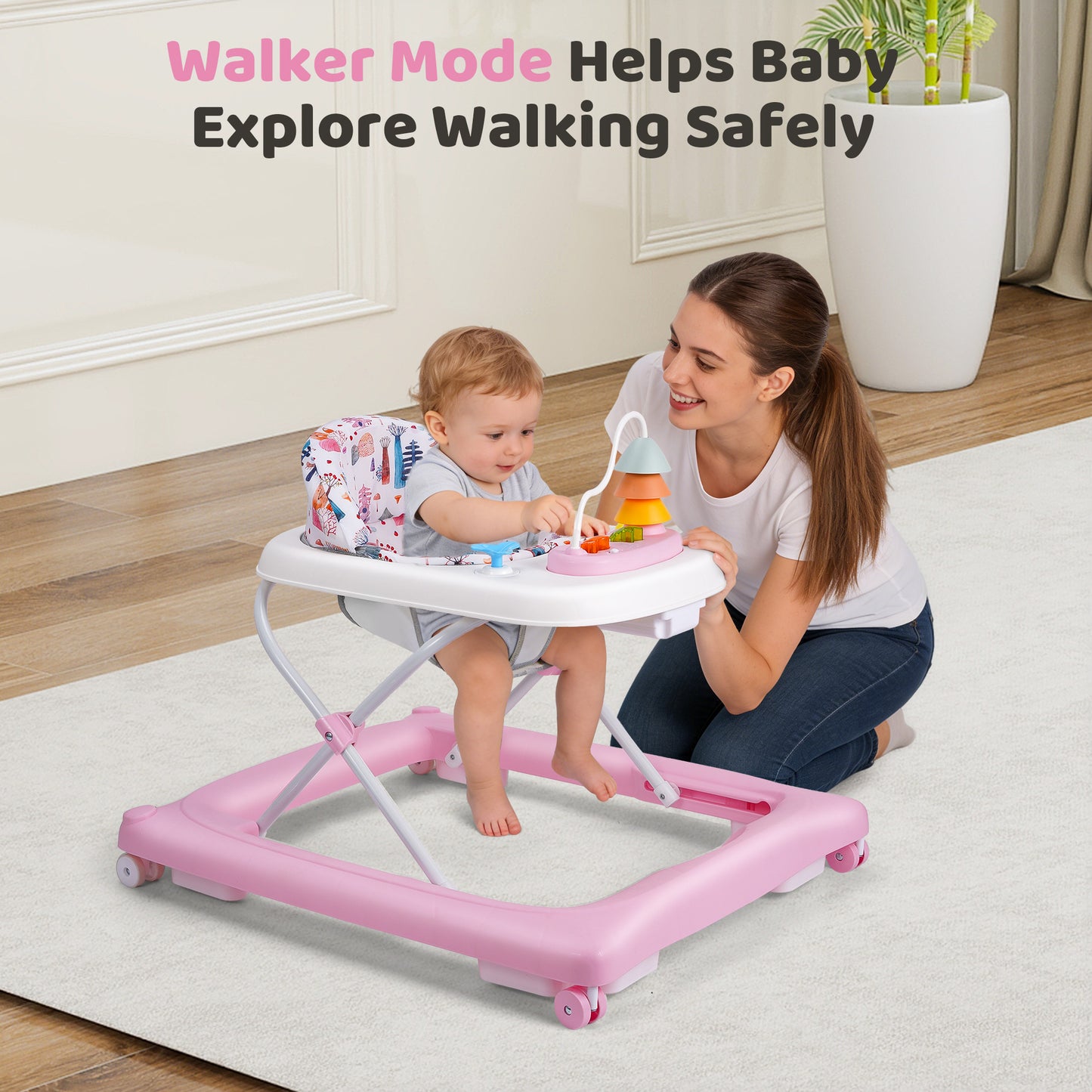 Babyeap Baby Walker,Foldable Baby Activity Walker with Wheels,Toddler Activity Centers,Removable Toys,Ages 6 Months +,Pink