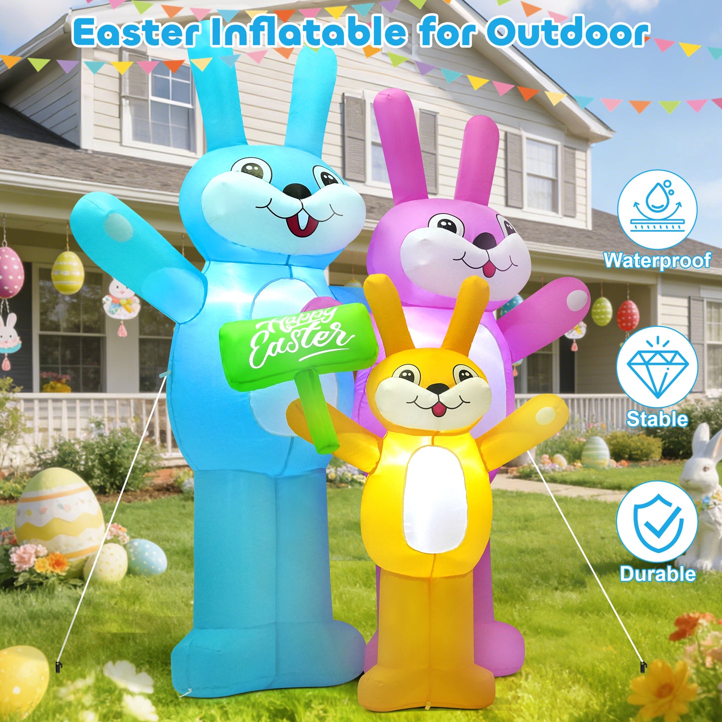 Yexmas 6FT Easter Inflatable Bunny Outdoor Decorations,Colorful Blow-Up Rabbit Family with Built-in LED Lights,Easter Decor for Yard Garden Lawn