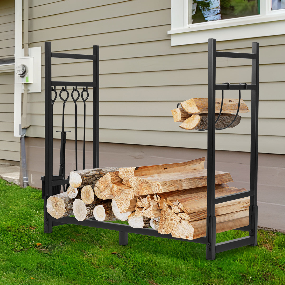 Yexmas Foldable Firewood Rack with 5-Piece Fireplace Tool Set & Kindling Holder, Indoor/Outdoor Wood Storage Organizer for Fireplace & Fire Pit