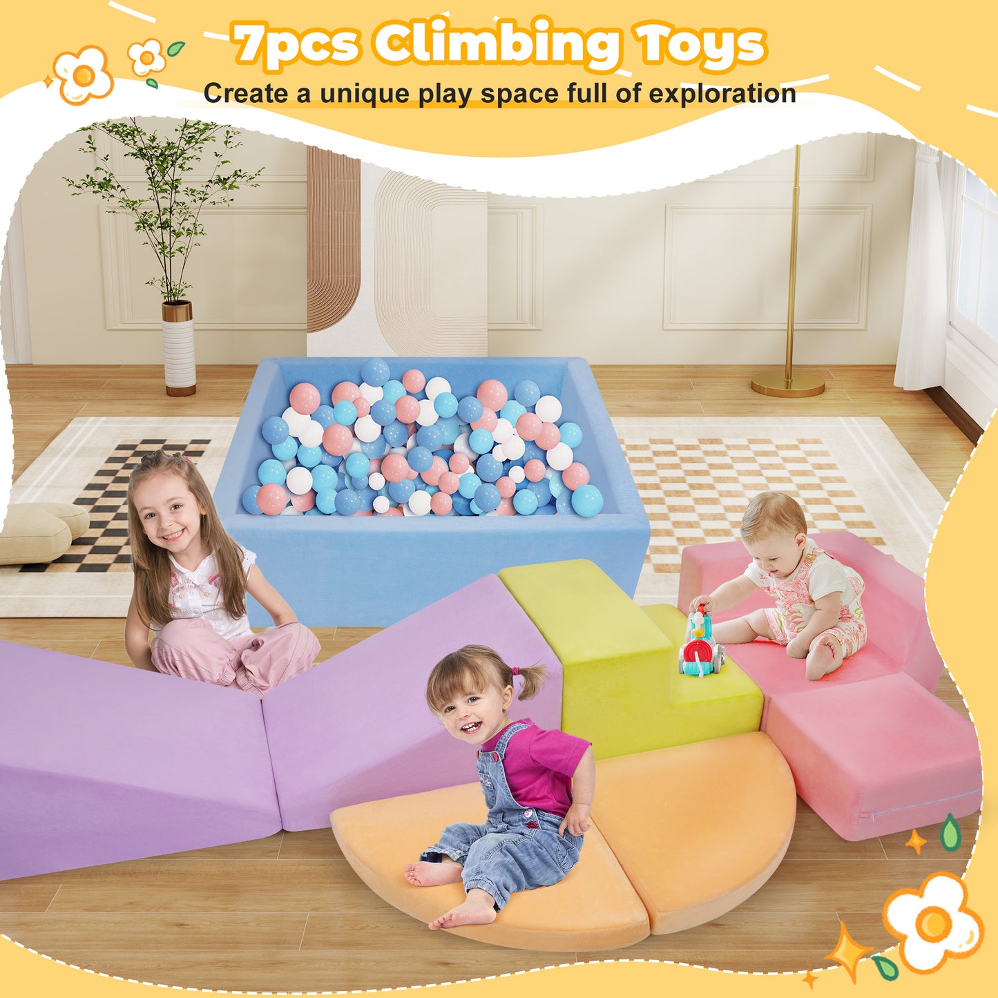 Yexmas 7-Piece Climbing Toys Soft Foam Set with Ball Pit,Indoor Play Gym Set for Toddlers