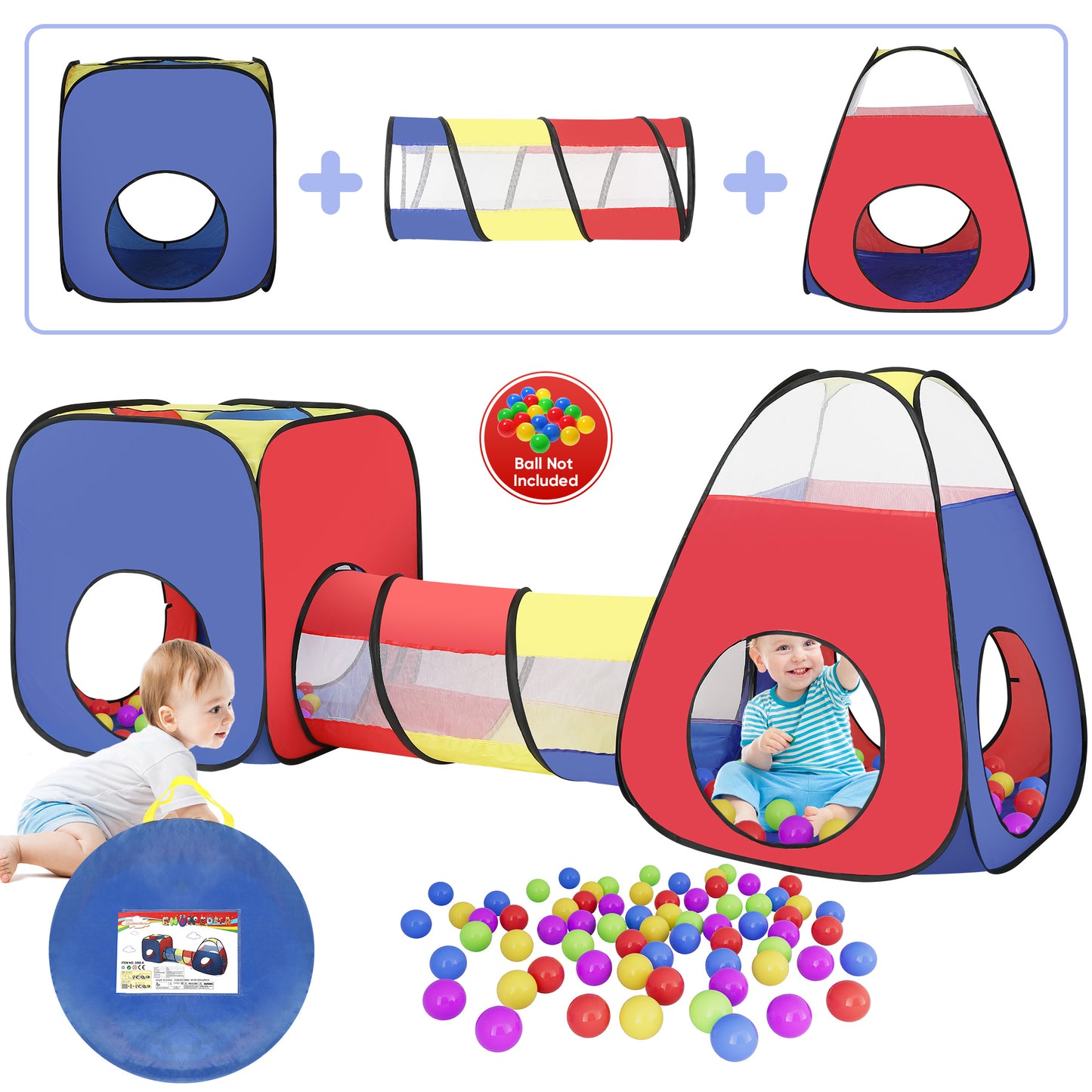 Yexmas 3 in 1 Kids Play Tent and Tunnels - Ball Pit+Crawl Tunnel+Castle Tent Playhouse Tent Set for Boys Girls Kids(No Ball)