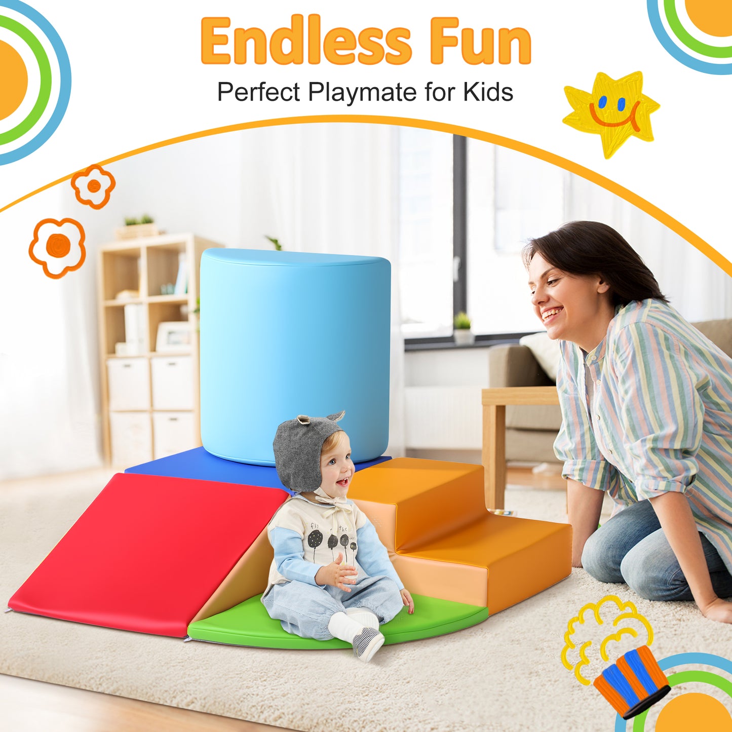 Lookfly 5-Piece Soft PU Leather Toddlers Climbing Toys,Play Set Indoor Baby Climbing Toysclimbing Foam Blocks for 1-3