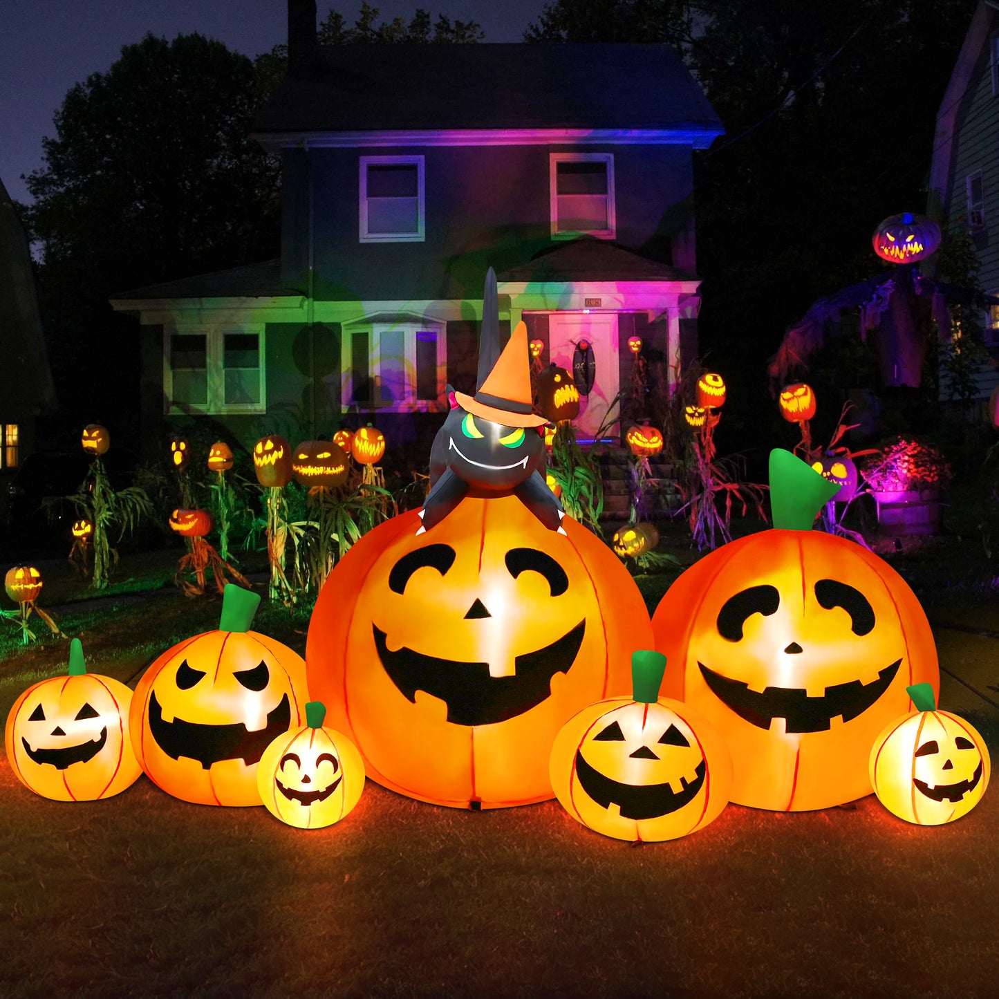 Yexmas 8FT Halloween Inflatables Outdoor Decorations Pumpkin,Halloween Blow Ups with Black Cat & 8 Built-in LED Lights for Halloween Party Yard Garden Lawn Decor