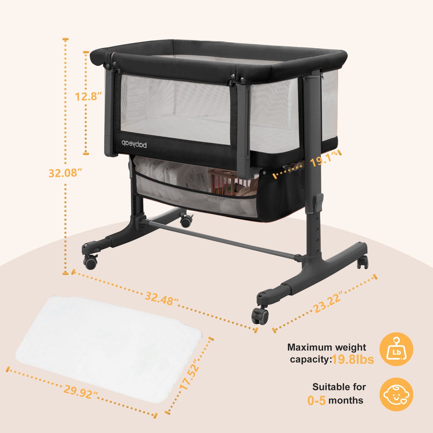 Babyeap 3in1 Baby Bassinet Bedside Sleeper, Rocking Bassinet for Newborn, with Large Storage Basket, Dark Gray