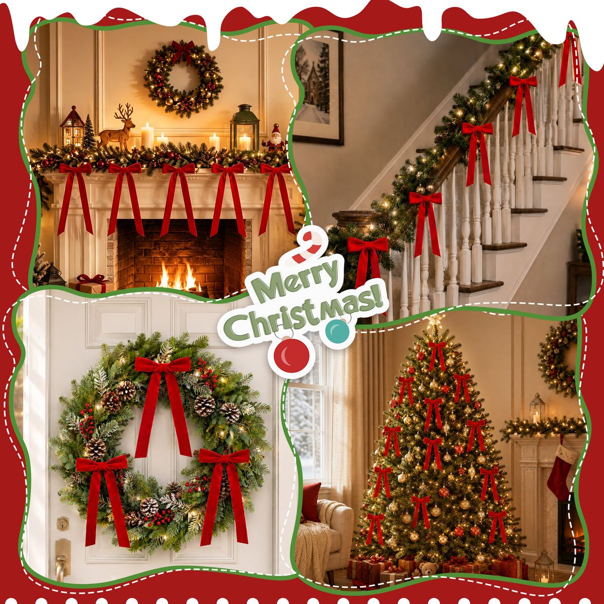 Yexmas 12pcs Burgundy Velvet Christmas Bows, Ribbon Bows Xmas Ornaments for Christmas Tree Home Party Staircase Door Wreath Garland Holiday Decor
