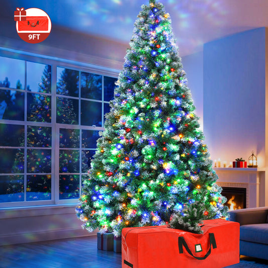 Yexmas 9ft Pre-Lit Green Christmas Tree, 11 Modes Colored LED Lights, Artificial Xmas Tree with Large Storage Bag