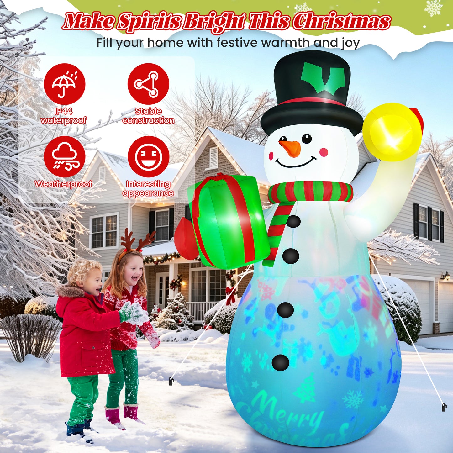 Yexmas 6.3FT Christmas Inflatable Snowman Blow Up Yard Decor with Gift Box and Bell, 360° Colorful Projection, Music On/Off Function, Built-in LED Lights, Outdoor Holiday Yard Decor