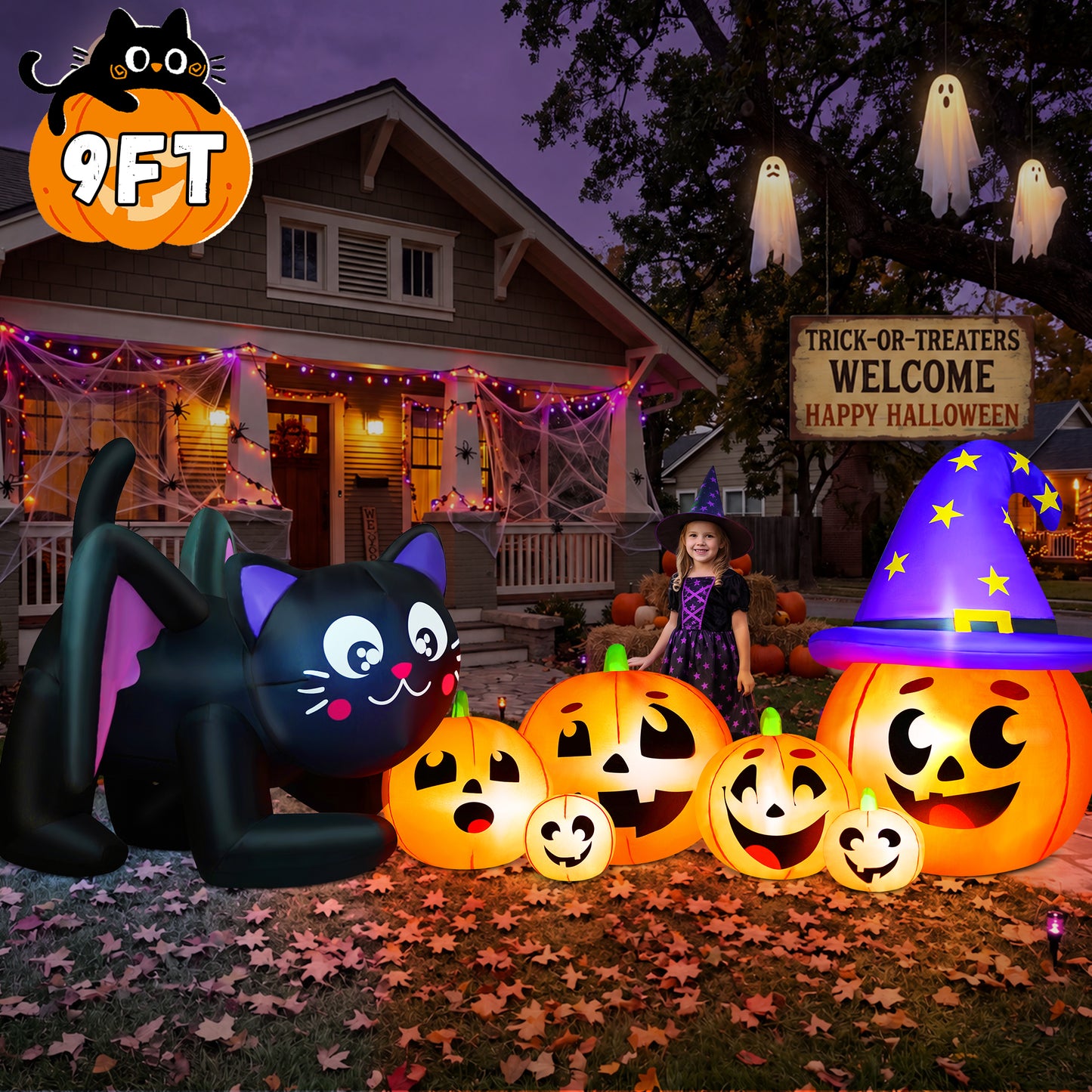 Yexmas 9FT Halloween Inflatable Black Cat with Pumpkin,Halloween Yard Decoration with 8 LED Lights,Blow Up Outdoor Lawn Decor