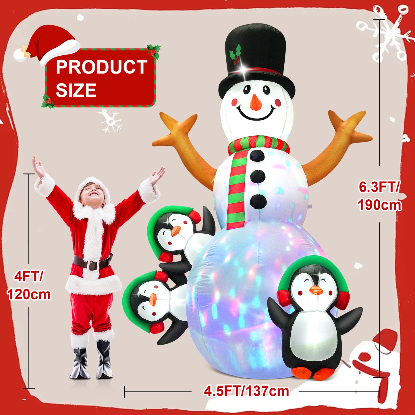 LOOKFLY 6.3  ft Christmas Snowman Inflatable Outdoor Decoration with Build-in Multicolor LEDs, Snowman Penguin Blow up Inflatables for Xmas Party