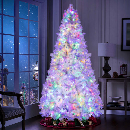 Lookfly Pre-Lit Artificial Christmas Tree,9ft White Christmas Tree with 550 Warm White & Multicolor Lights,Xmas Tree for Home, Holiday Party Decorations