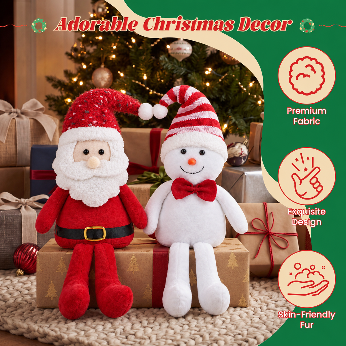 Yexmas 2pcs Plush Christmas Decorations with Snowman&Santa Claus, Handmade Soft Santa Doll, Stuffed Figurine Xmas Ornaments for Door Window Table Fireplace Party Holiday Decor