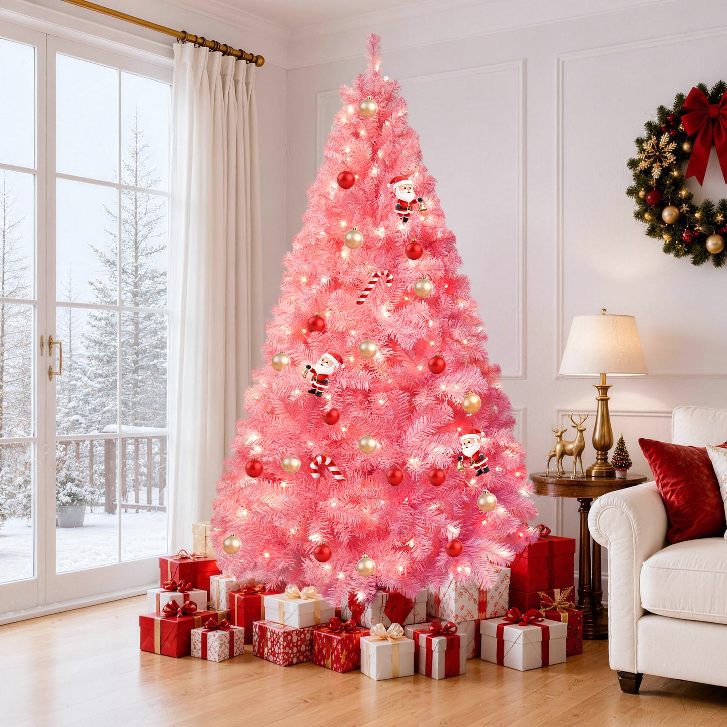 Yexmas 7.5ft Pre-Lit Pink Christmas Tree,Artificial Christmas Tree with 1600 PVC Branches,450 Multicolor Lights,Metal Hinges,Xmas Tree for Home,Holiday Party Decorations
