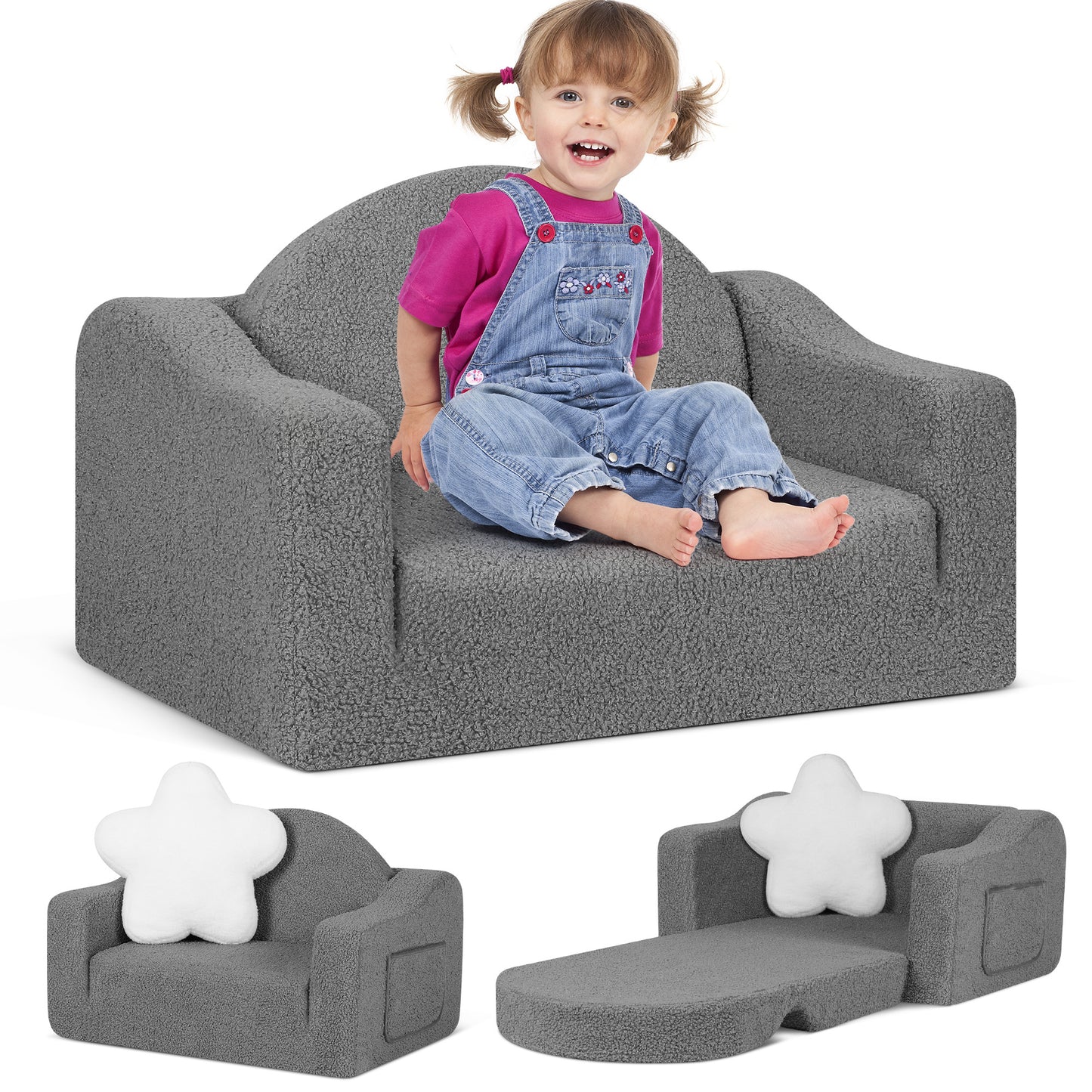 babyeap Kids Couch,2-in-1 Soft Toddler Couch Fold Out,Convertible Sofa to Lounger,Gifts for Kids Girl Boys,Dark Gray