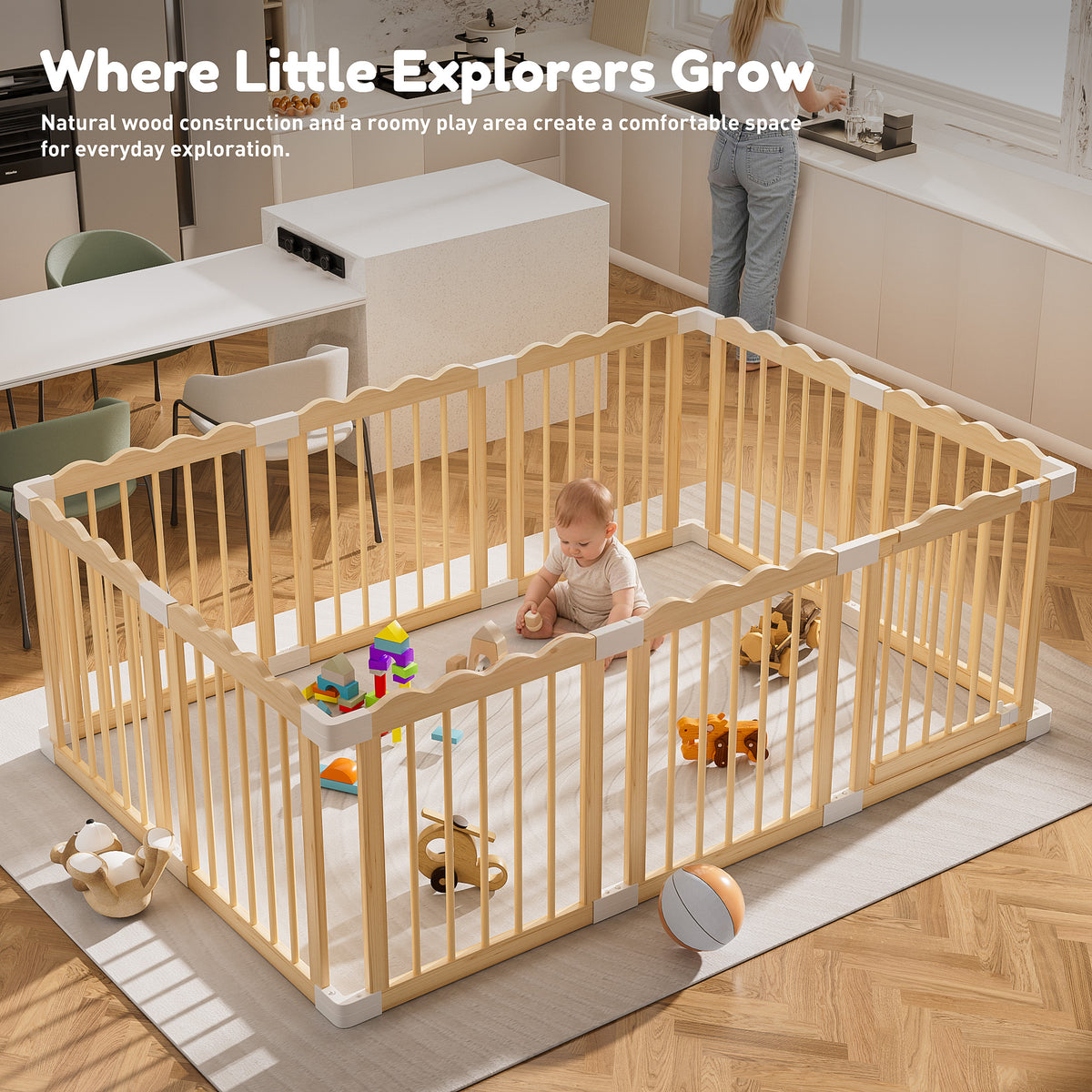 Babyeap Foldable Wooden Baby Playpen,Large Wood Play Yard for Babies and Toddlers, Baby Fence for Indoor Activity Center,71x47x23.6 Inch