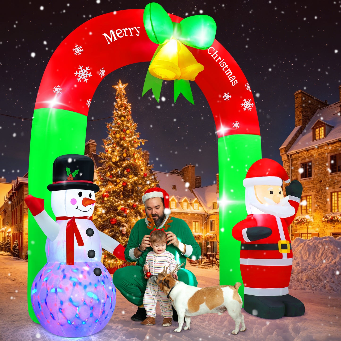 Yexmas 8FT Christmas Inflatable Archway,Christmas Blow Up Yard Decorations with Santa Claus and Snowman,Outdoor Christmas Decorations with Bow LED Lights