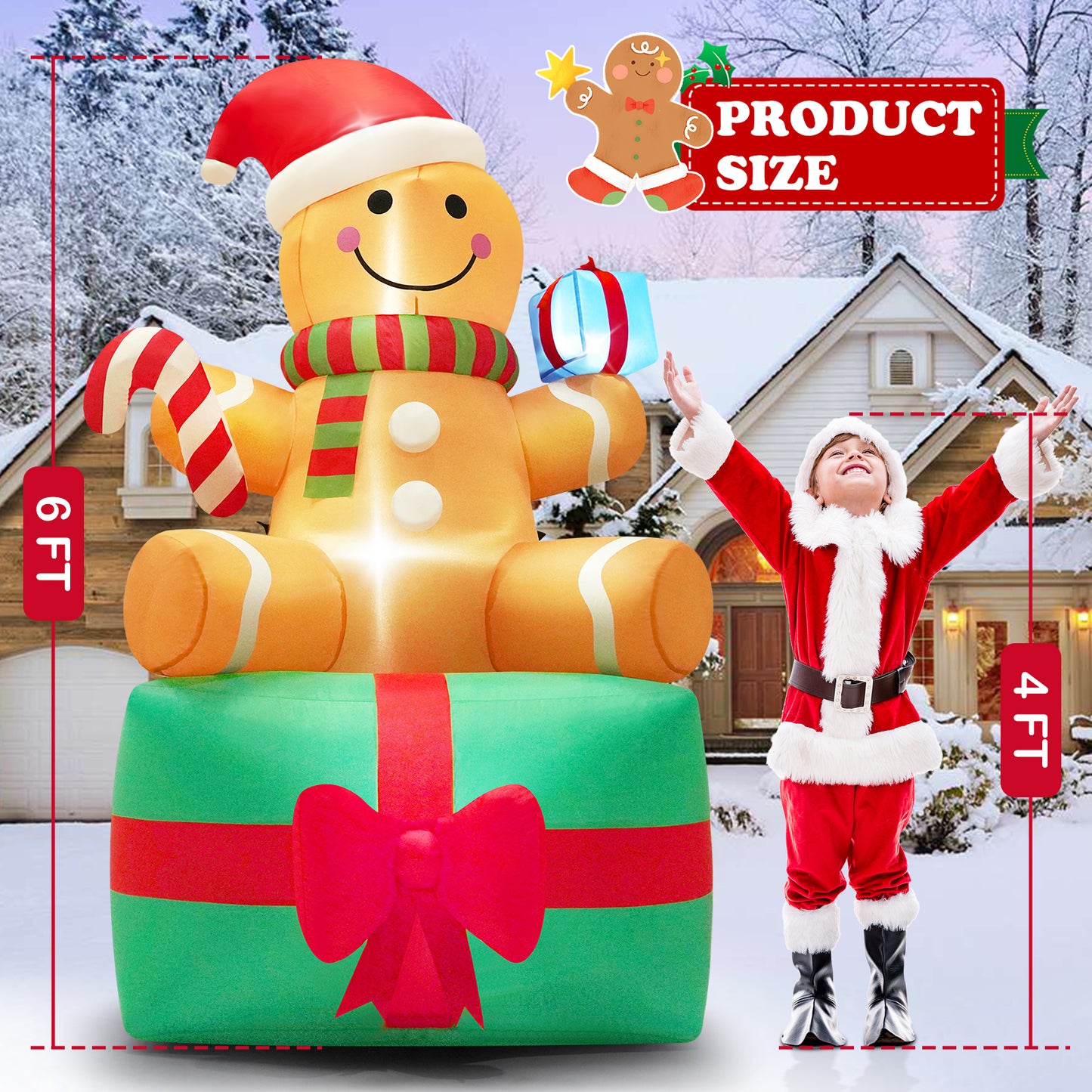 Yexmas 6 ft Christmas Inflatables Gingerbread Man with Candy, Blow up Outdoor Decorations with LED Lights Built-in for Holiday Party Xmas Yard Garden