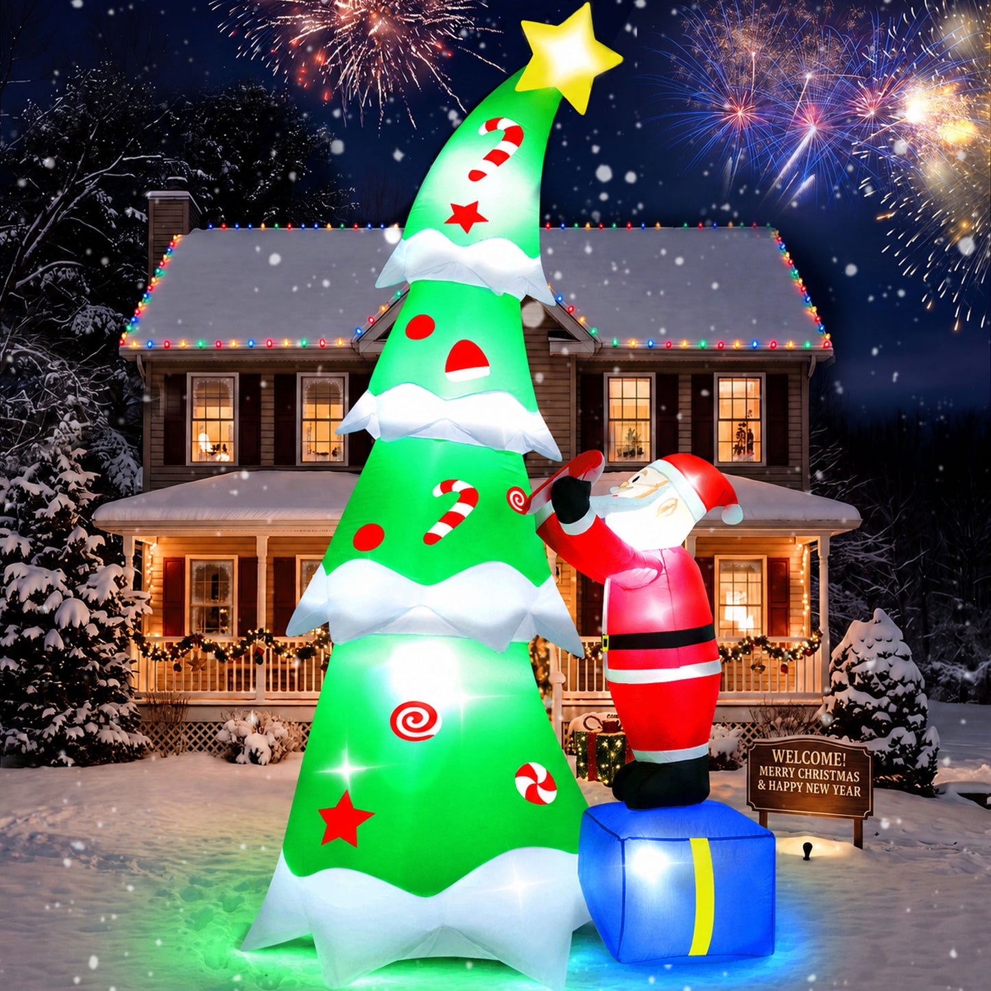 Yexmas 7FT Large Outdoor Inflatable Christmas Tree with Santa Claus on Gift Box, Built-in LED Lights, Blow Up Xmas Decoration for Yard, Garden, Lawn, Holiday Party