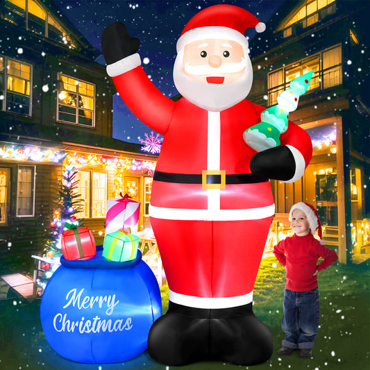 Yexmas 8FT Christmas Inflatable Santa Claus with Big Gift Bag and Christmas Tree Outdoor Decorations,Built-in LED Light,Blow Up Xmas inflatables for Front Back Yard Garden Lawn