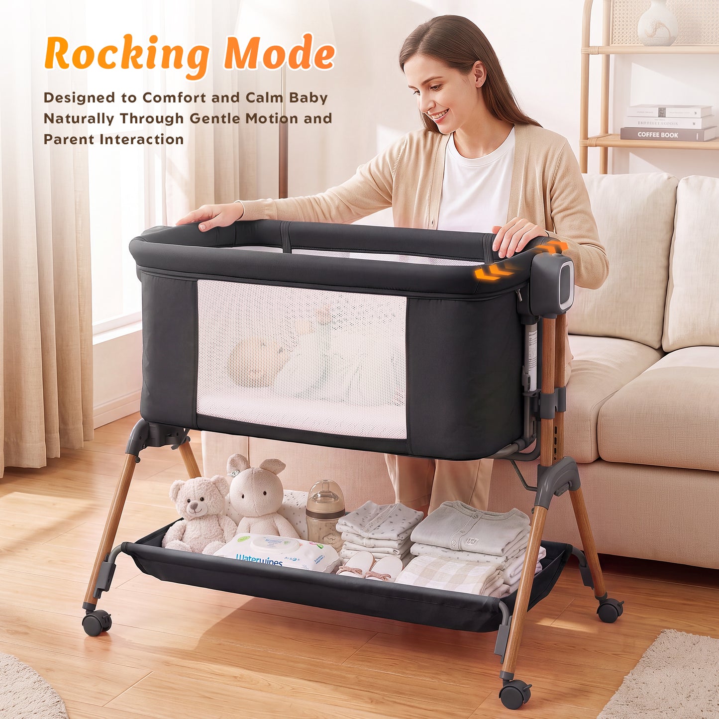 Babyeap 3-in-1 Baby Bassinet, Adjustable Bedside Sleeper with Gentle Rocking Motion, Storage Basket and Wheels for Infants, Gray