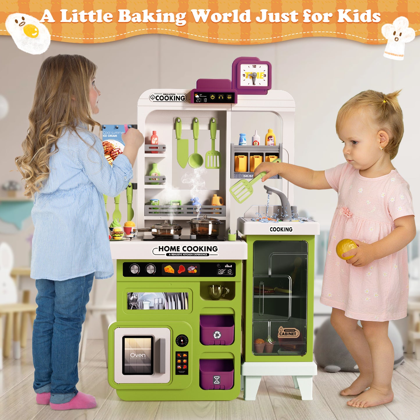 Lookfly Play Kitchens,68PCS Kids Kitchen Playset with Realistic Lights&Sounds,Toddler Kitchen Toy Gift for Boys and Grlis,Green 32.3"H