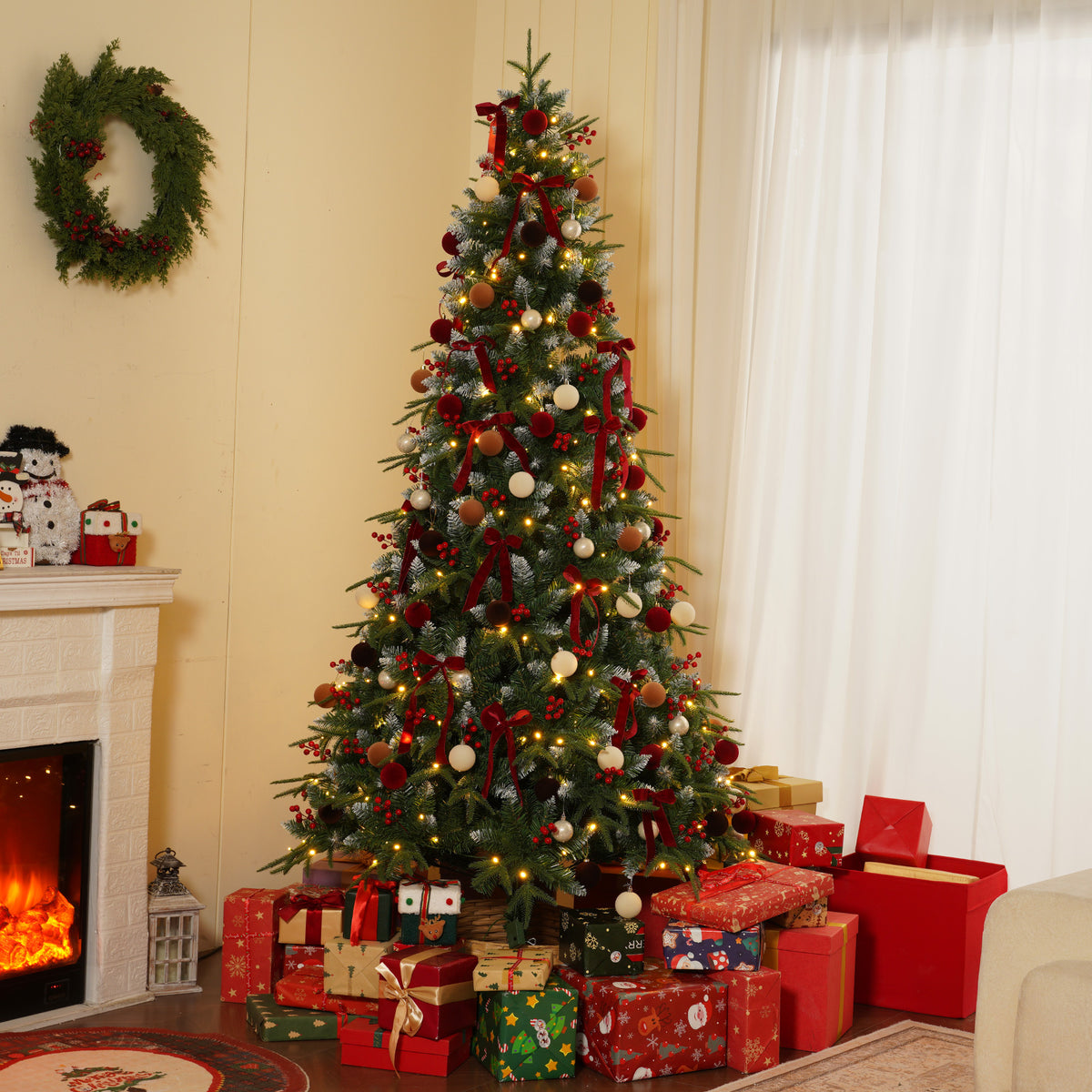 Yexmas 9ft Pre-Lit Artificial Christmas Trees,Green Xmas Tree with Large Christmas Tree Storage Bag, Berries, Realistic Artificial Christmas Trees for Home, Office, Party Decoration