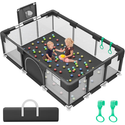babyeap Baby Playpen,73 Inch Extra Large Baby Playard,Playpen for Babies and Toddlers With Basketball Hoop,Children Kids Play Fence for Indoors Outdoors,Gray