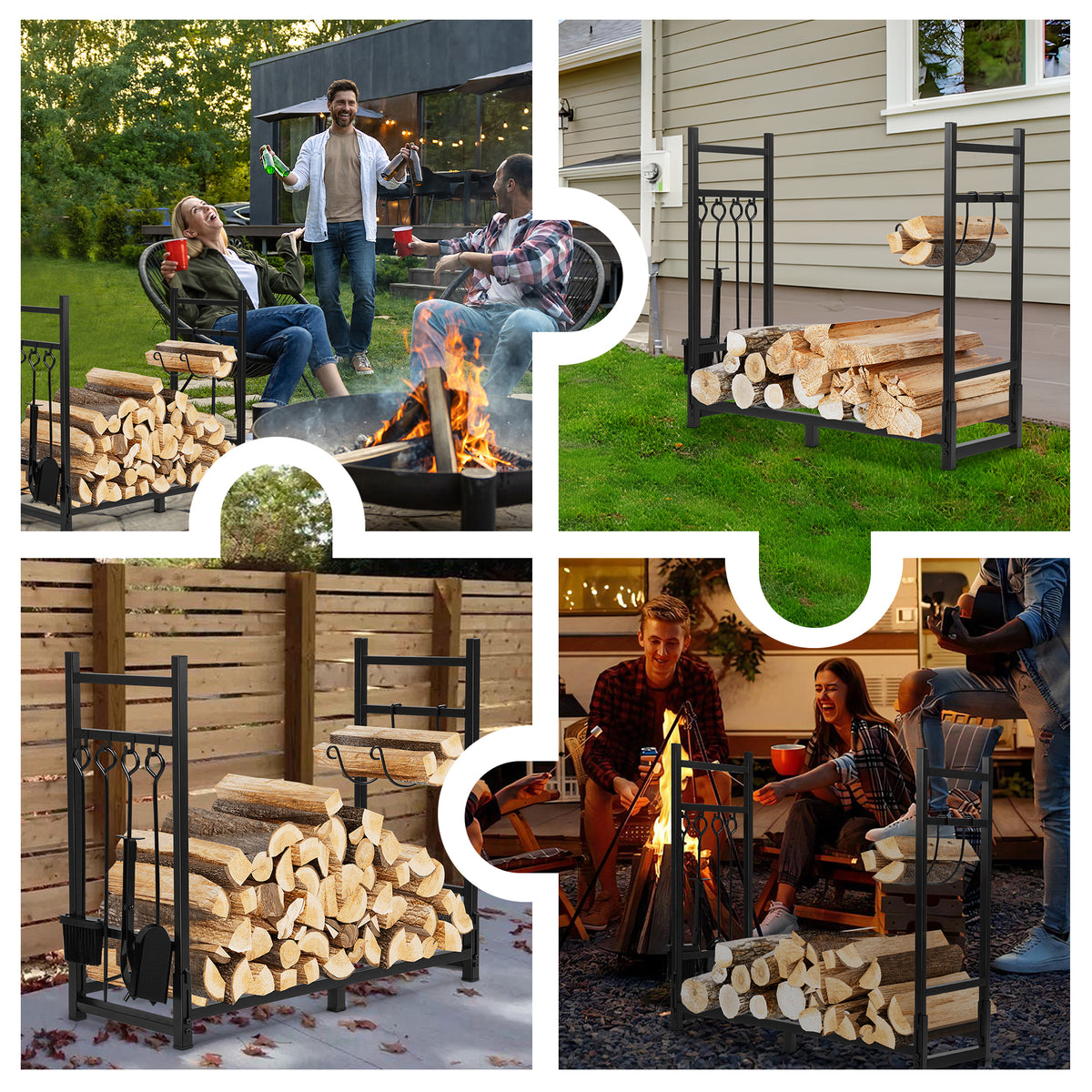 Yexmas Foldable Firewood Rack with 5-Piece Fireplace Tool Set & Kindling Holder, Indoor/Outdoor Wood Storage Organizer for Fireplace & Fire Pit