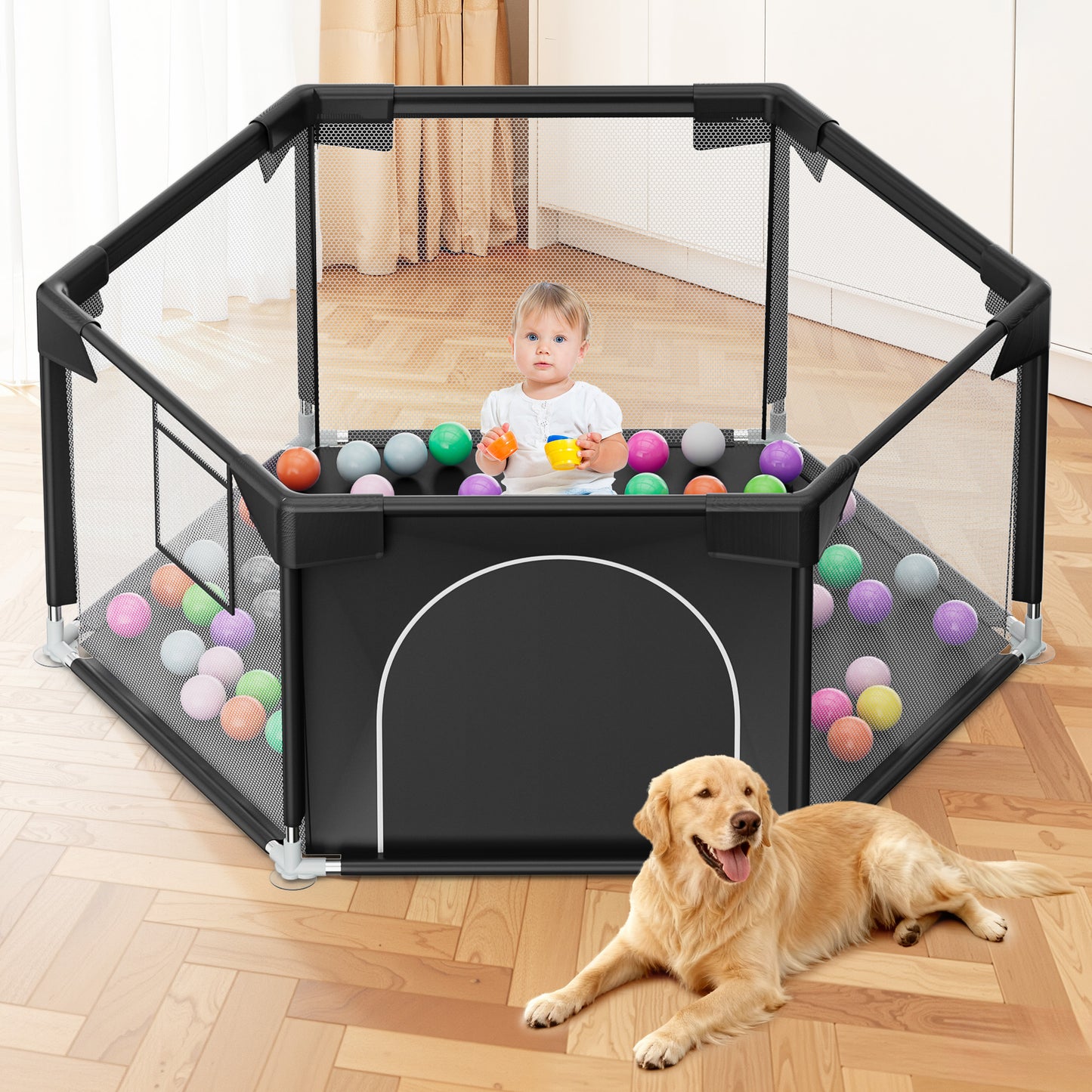 babyeap 50 Inch Baby Playpen,Fence Baby Play Yard for Indoors Outdoors,Hexagonal Toddler Playpen,Black