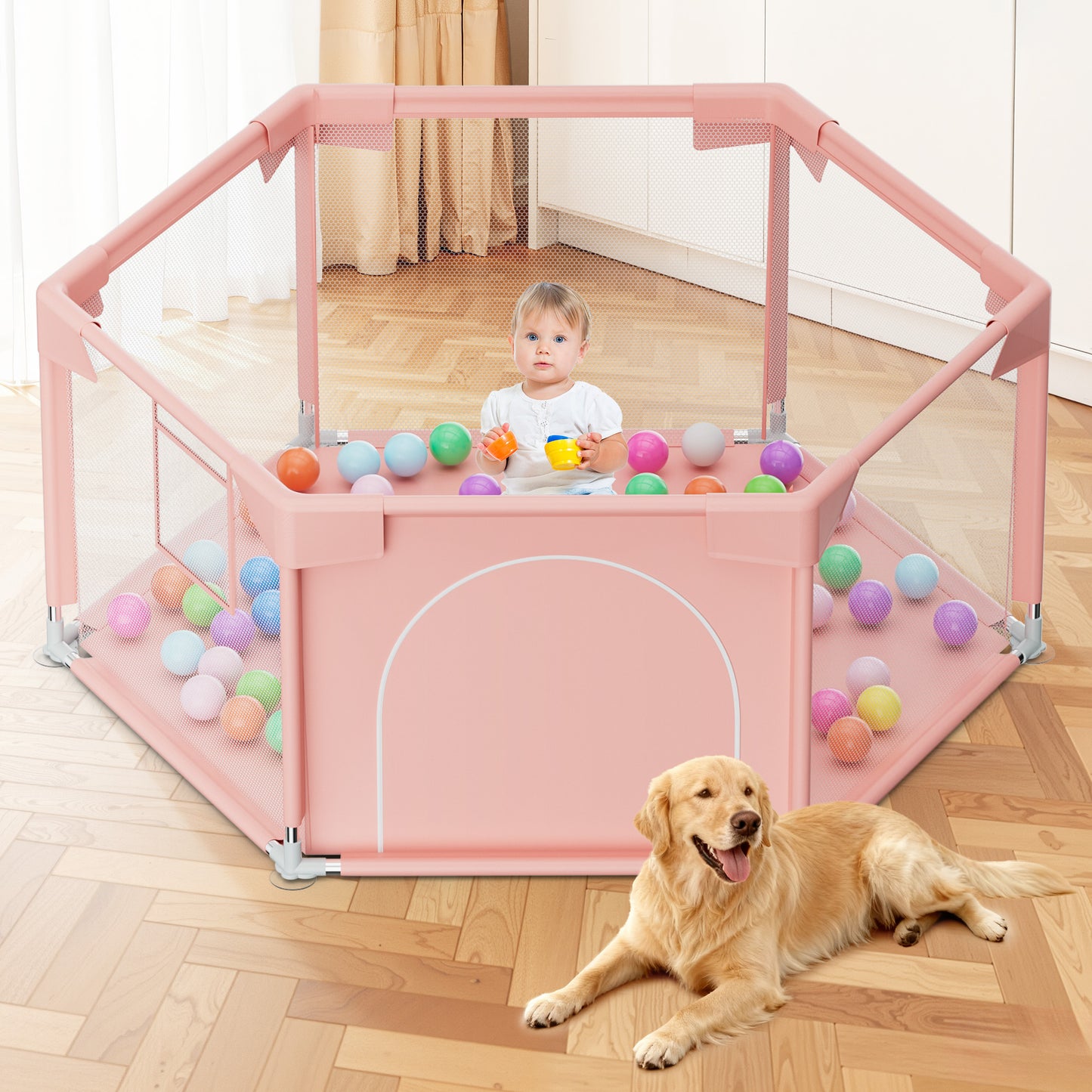 babyeap 50 Inch Baby Playpen,Fence Baby Play Yard for Indoors Outdoors,Hexagonal Toddler Playpen,Black