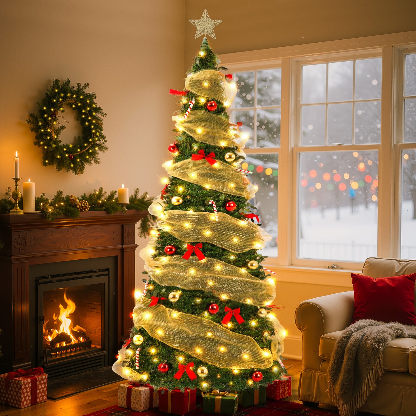 Yexmas 6FT Pop-Up Artificial Christmas Tree with 300LED Lights,Green Prelit Christmas Tree with Foldable Base