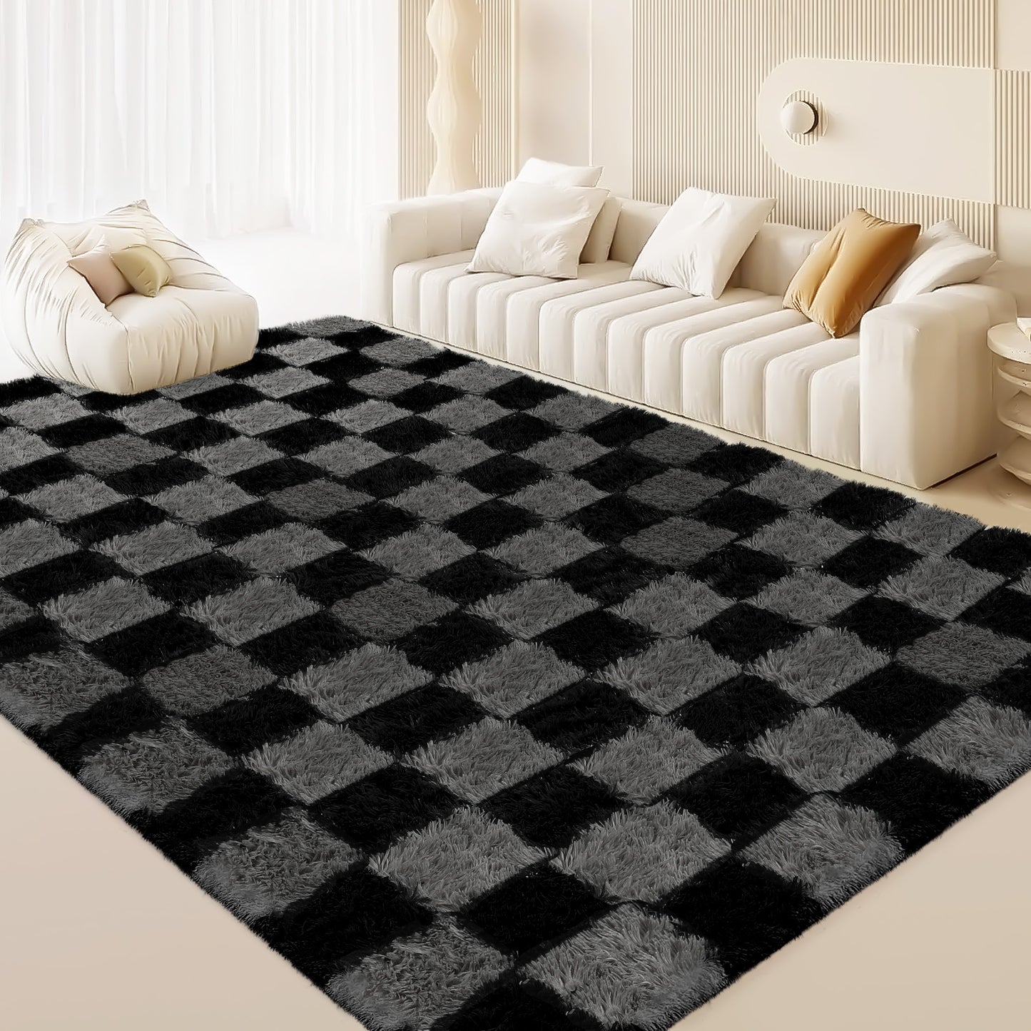 CozyDesg Shag Area Rugs,5'x8'/8' x 10' Soft Fluffy Floor Rugs Checkered Carpet，Washable Area Rugs for Living Room Bedroom Decor,Beige & White