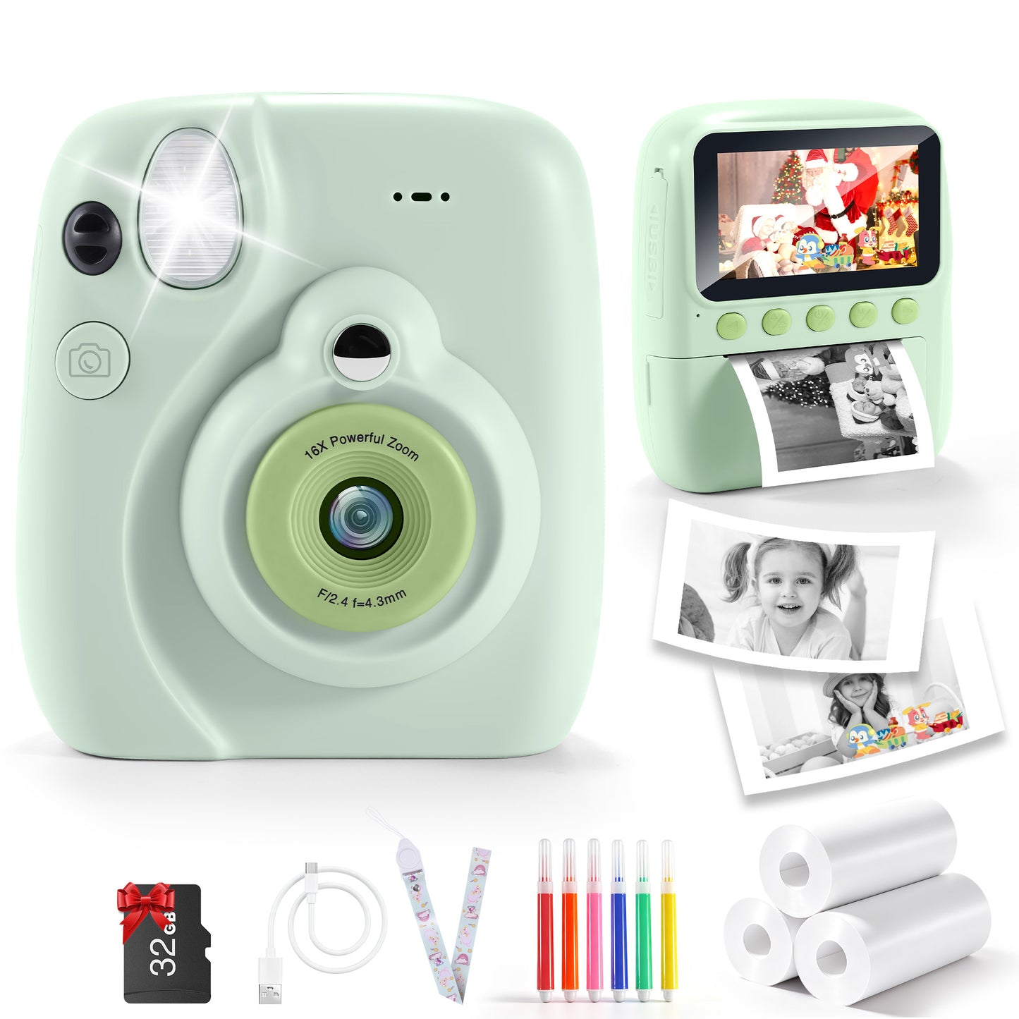 Yexmas Instant Print Toys Camera for Kids, 1080P HD Camera with 32GB SD Card, 3 Paper Rolls, Color Pens & Lanyard, Pink