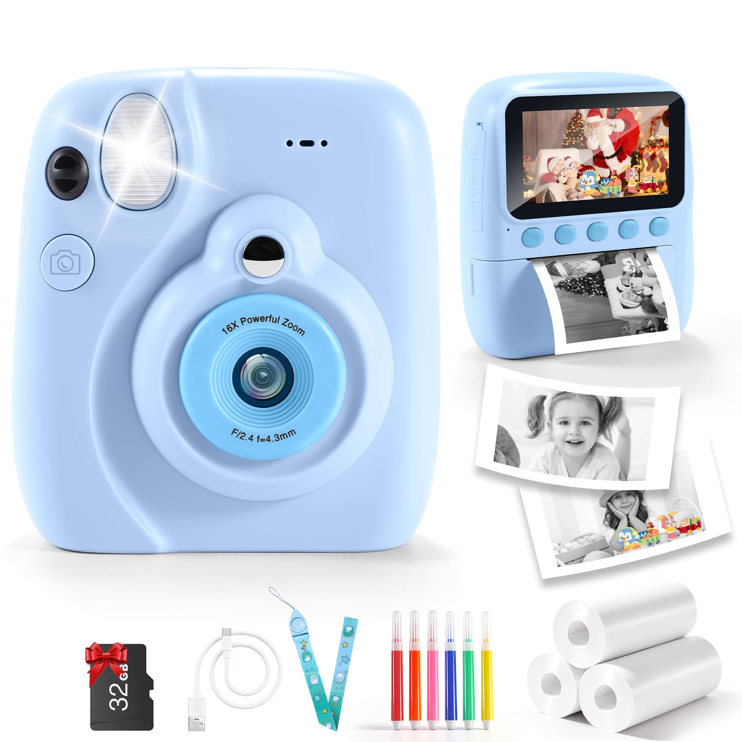 Yexmas Instant Print Toys Camera for Kids, 1080P HD Camera with 32GB SD Card, 3 Paper Rolls, Color Pens & Lanyard, Pink