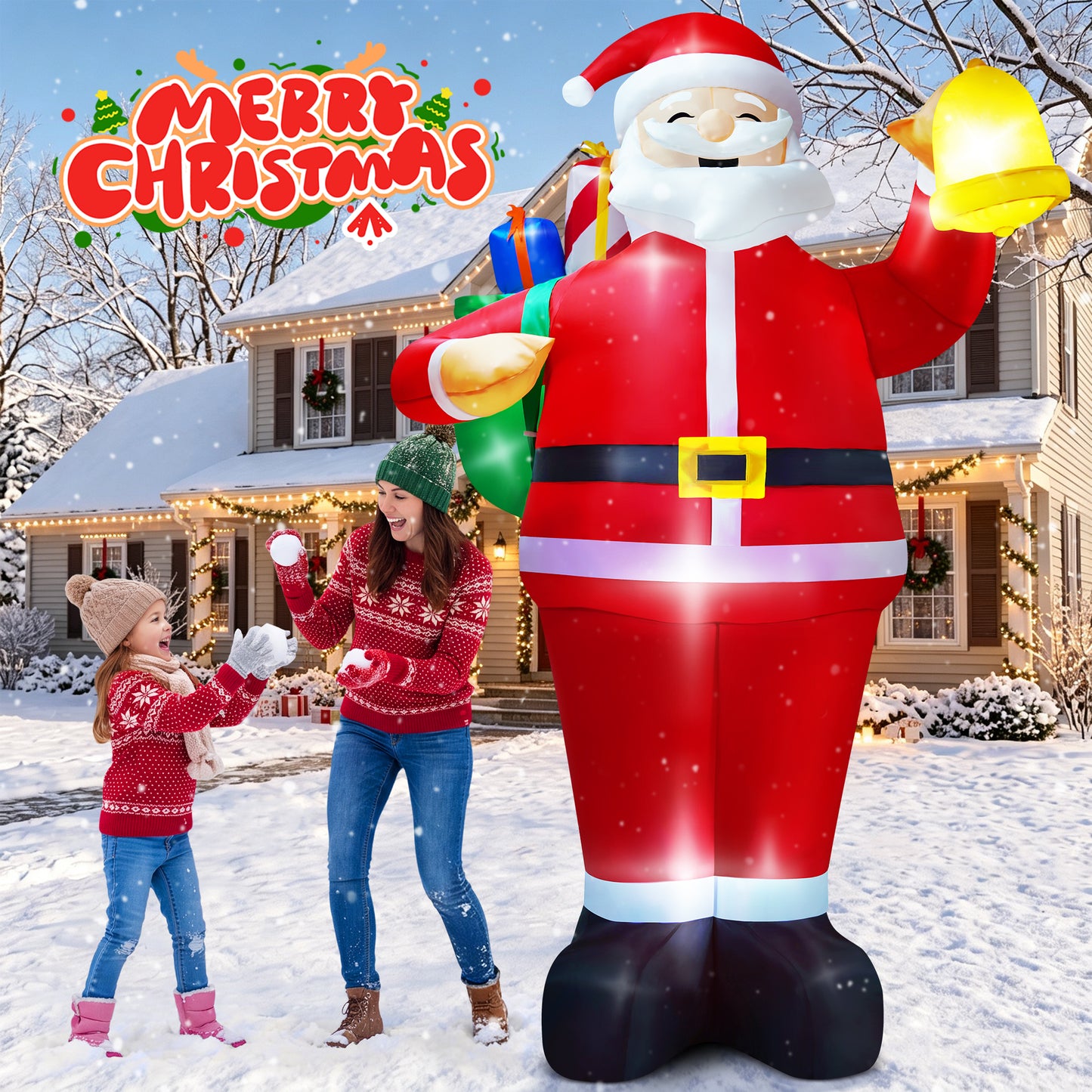 Yexmas 8ft Christmas Inflatable Santa Claus Outdoor Decor with Gift Bag and Bell,Large Blow Up Santa with LED Lights for Yard Lawn Garden