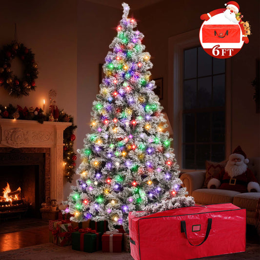 Yexmas 6FT Pre-Lit Snow Flocked Christmas Tree,Artificial White Christmas Tree with Large Christmas Tree Storage Bag,11 Modes Warm White & Multicolor LED Lights for Xmas Decoration