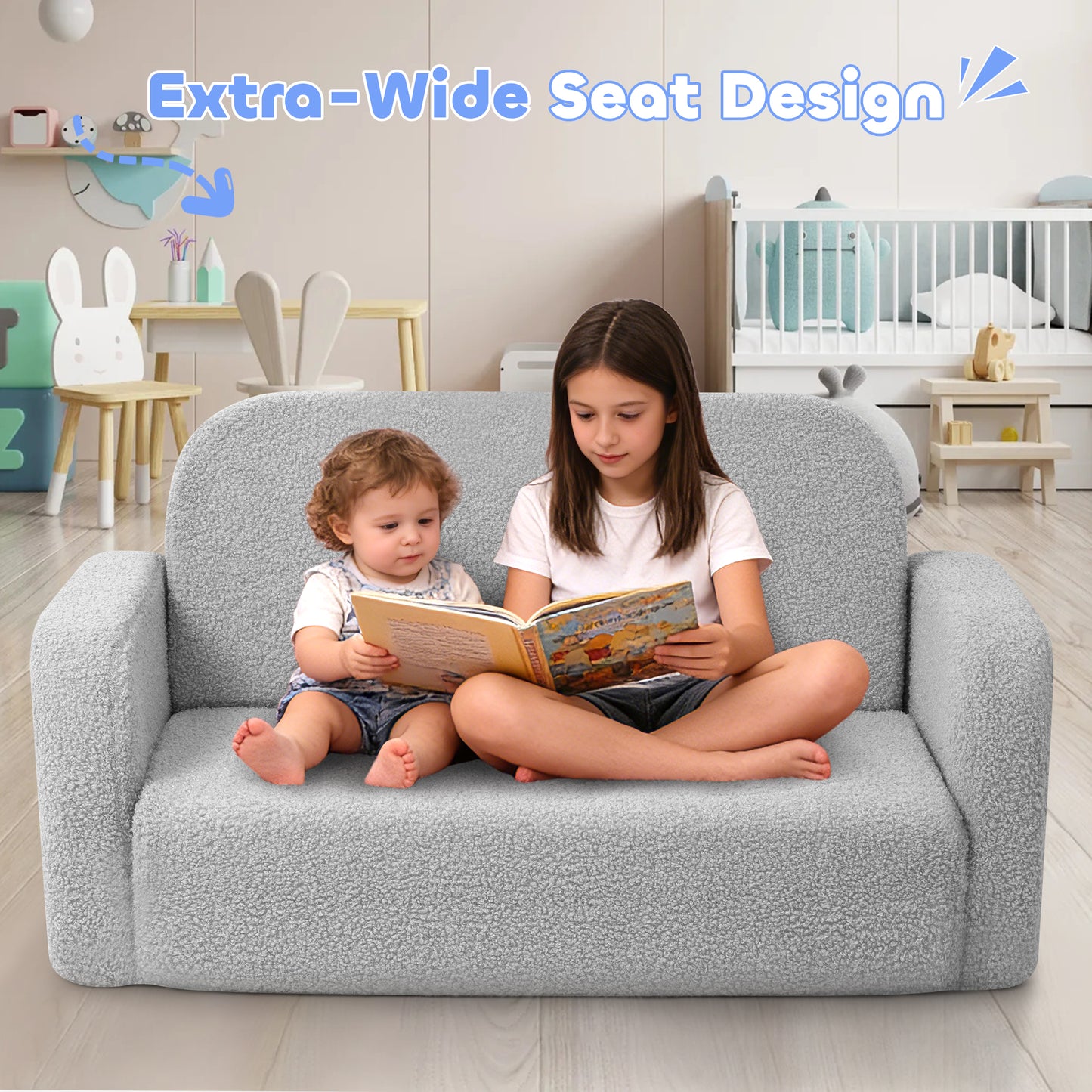 Babyeap Extra Wide Kids Chair,2-in-1 Convertible Toddler Chairs,Soft Comfy Kids Couch, Kids Sofa for Boys & Girls 3+,Light Gray