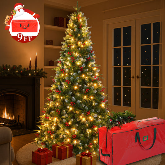 Yexmas 9ft Pre-Lit Artificial Christmas Trees,Green Xmas Tree with Large Christmas Tree Storage Bag, Berries, Realistic Artificial Christmas Trees for Home, Office, Party Decoration