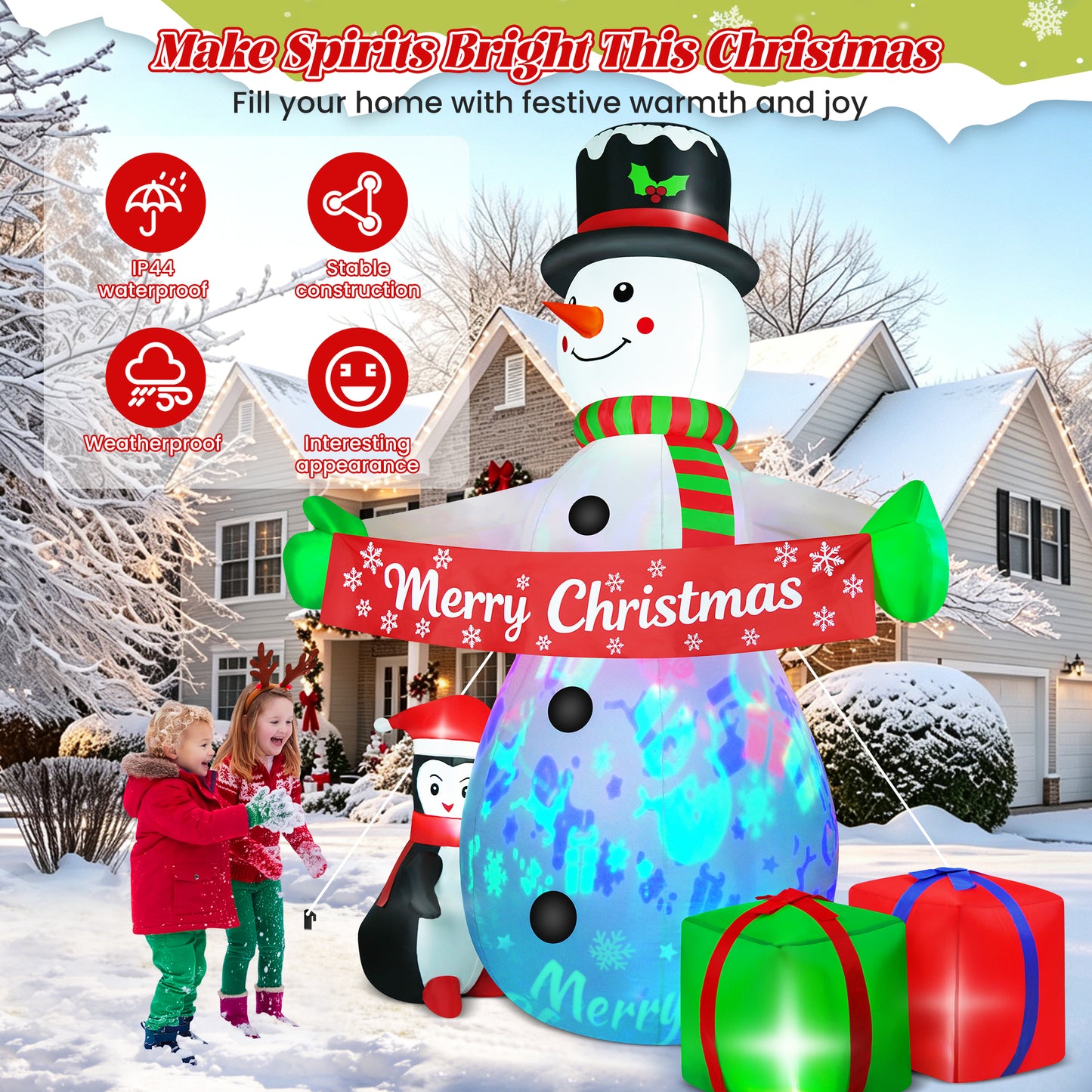 Yexmas 8FT Christmas Inflatable Snowman Blow Up Yard Decor with 360° Colorful Projection, Music On/Off, Penguin, Gift Boxes, Merry Christmas Banner for Outdoor Yard Decor