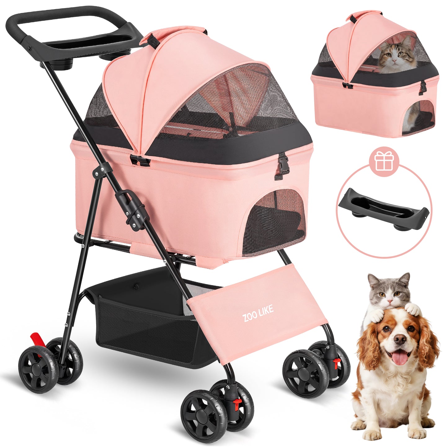 Zoolike 3 in 1 Pet Stroller for Dogs and Cats,4 Wheel Foldable Stroller with Detachable Carrier&Storage Basket,Black
