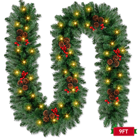 Yexmas 9ft Large Christmas Garland, Multi-Purpose Xmas Wreath with 60 LED Lights, Decorated with Pinecones, Berry Clusters, Battery Operated