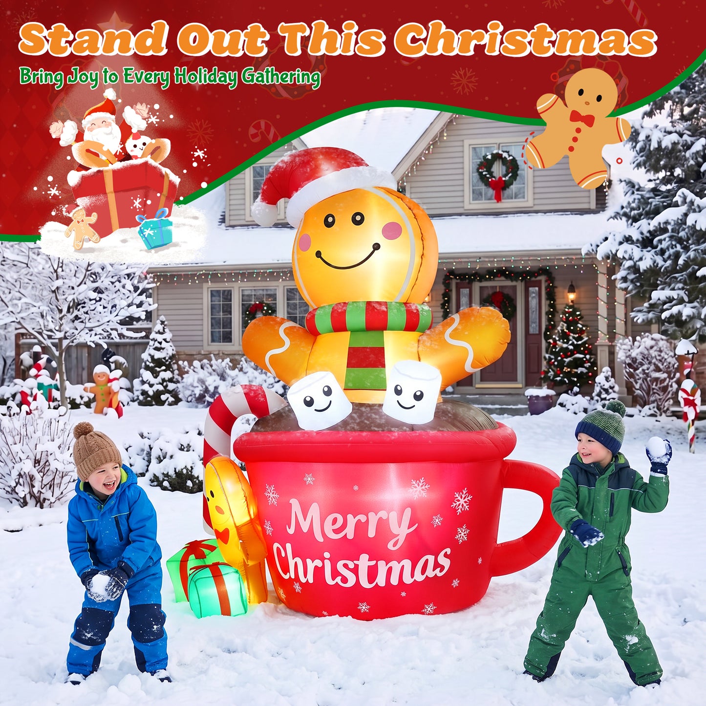 Yexmas 6FT Christmas Inflatable Gingerbread Man in Hot Cocoa Mug Blow Up Decor with LED Lights, Candy Cane, Marshmallows and Gift Box,  for Yard, Lawn,Garden