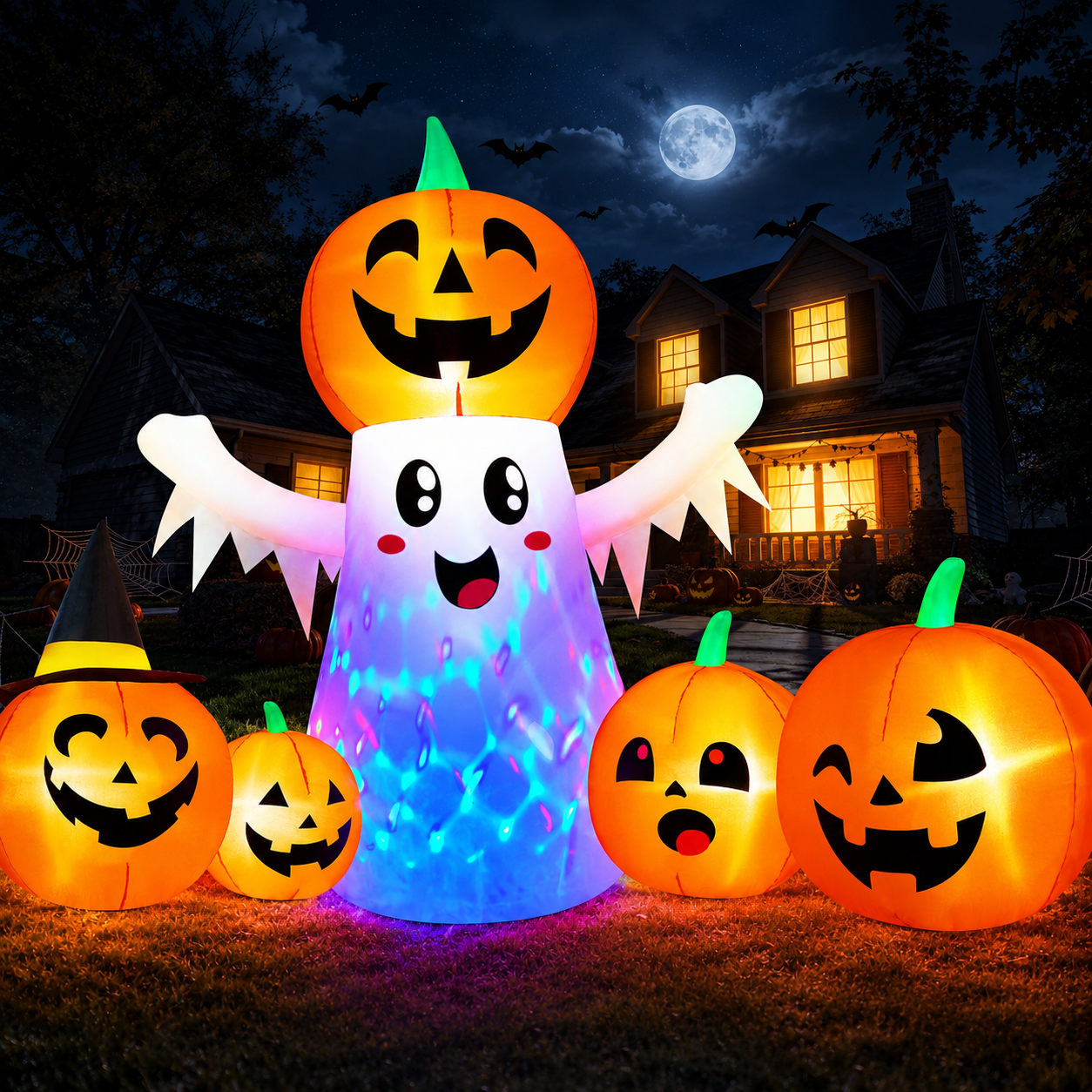 Yexmas 9.4ft Halloween Inflatable Pumpkins Outdoor Decor with Black Cat Tombstone and Spectre,Built-in LED Lights,for Halloween Party,Yard,Garden,Lawn