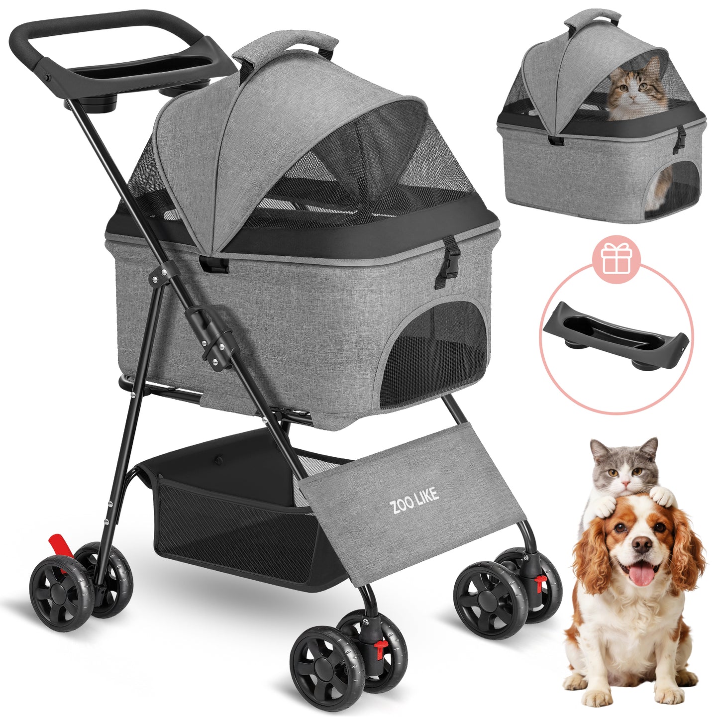 Zoolike 3 in 1 Pet Stroller for Dogs and Cats,4 Wheel Foldable Stroller with Detachable Carrier&Storage Basket,Black